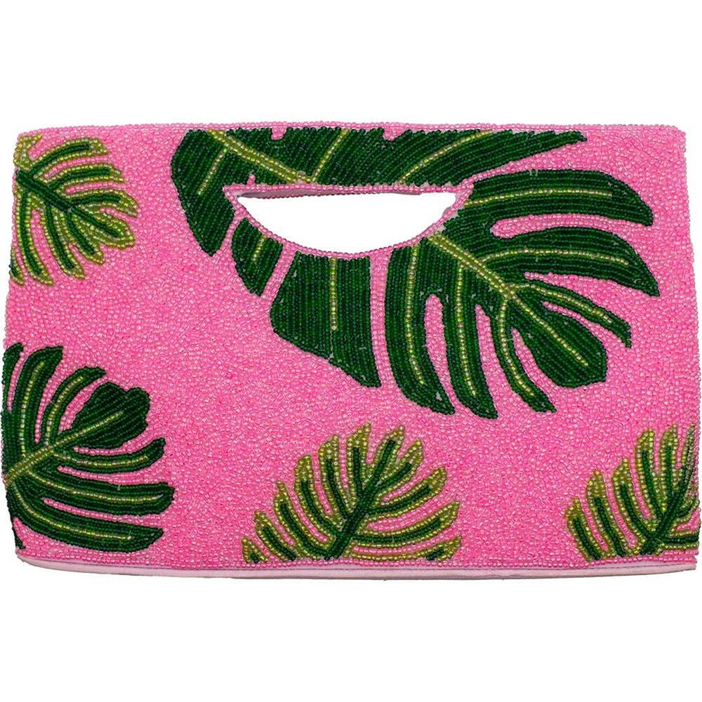 Hot Pink Palm Leaf Beaded Clutch Handbag
